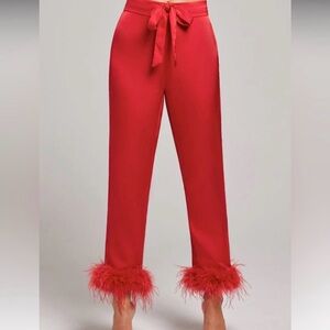 NADINE MERABI Darcie Red Feather Trim Satin Pajama Pants, Size L